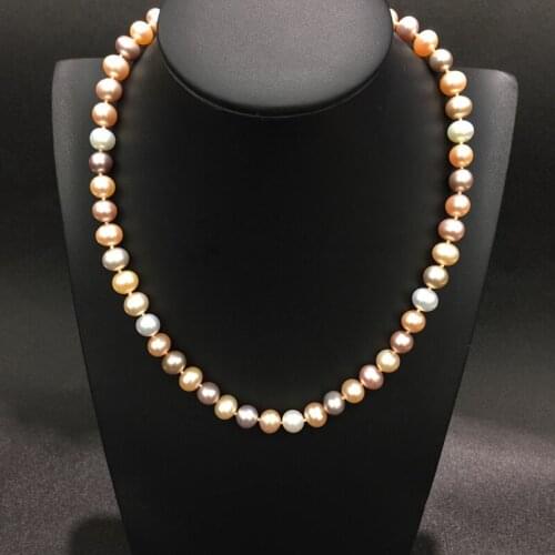 8-9MM gemstone natural fresh water pearl necklace multi color nearround flawless fine women jewerly silver lock free shipping