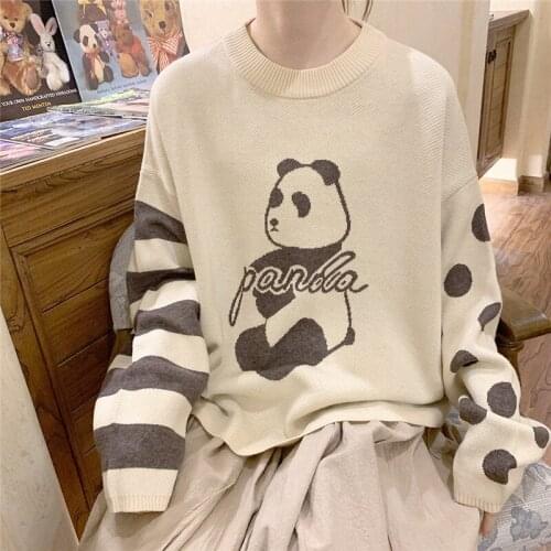 Harajuku Kawaii Womens Knitted Sweater Autumn Striped Vintage Oversized Sweater Girls Beige Knitwear Cute Panda Loose Jumper
