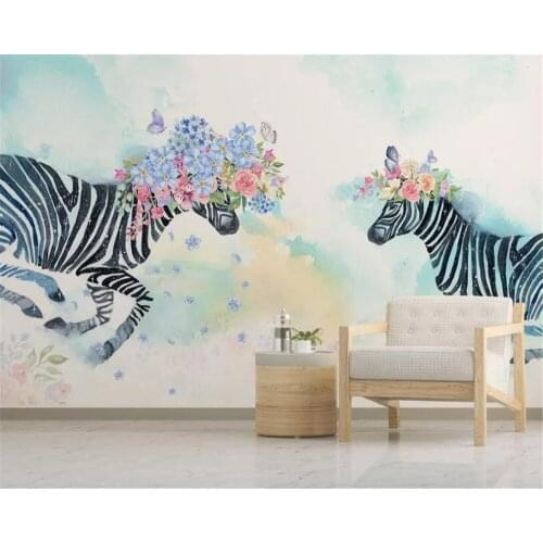 Beibehang Custom wallpaper mural wall stickers Hand-painted floral zebra Nordic childrens room background wall 3d wallpaper