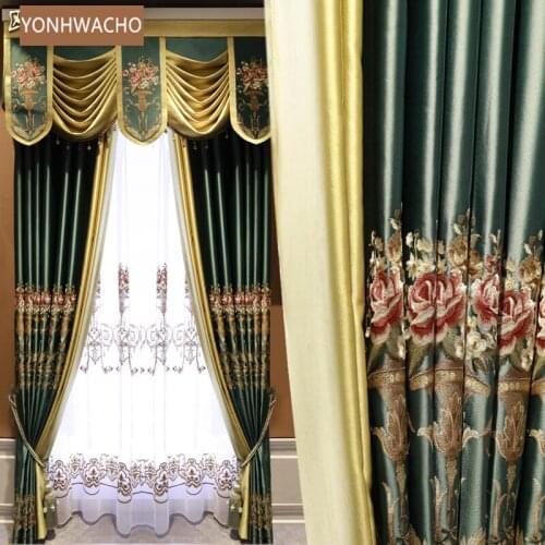 Custom curtain new modern stitching embroidered for villas luxurious green cloth blackout curtain valance tulle panel C334