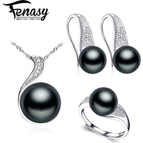 FENASY 925 Sterling Silver Jewelry Sets Cubic Zirconia Pendant Natural Pearl Earrings For Women Stud Earrings Party Rings