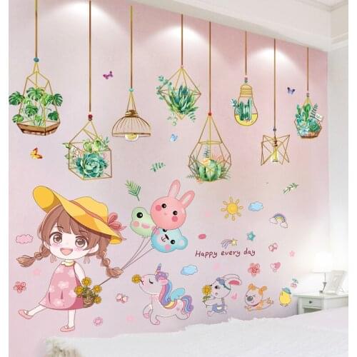 [shijuekongjian] Green Plants Wall Stickers DIY Girl Balloons Animals Wall Decals for Living Room Kids Bedroom House Decoration