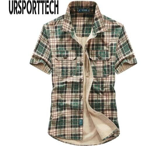 URSPORTTECH Summer Men Shirt Short Sleeve Plaid Cotton Loose Casual Office Beach Tops Blouse Summer 2021 Plus Size Shirt Men