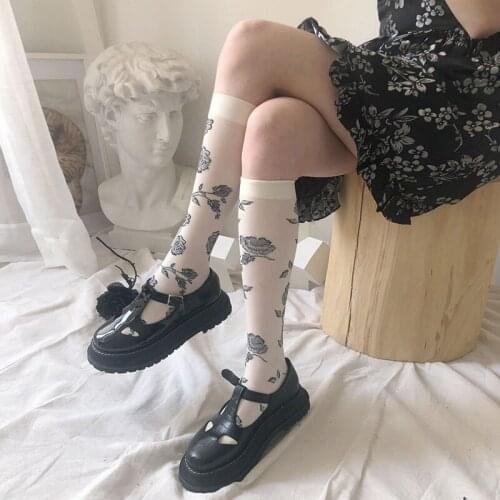 Spring Print Rose Stocking Women Sexy Lolita Knee Socks Vintage Thigh High Summer Harajuku Gothic White Basic Long Socks PJ267