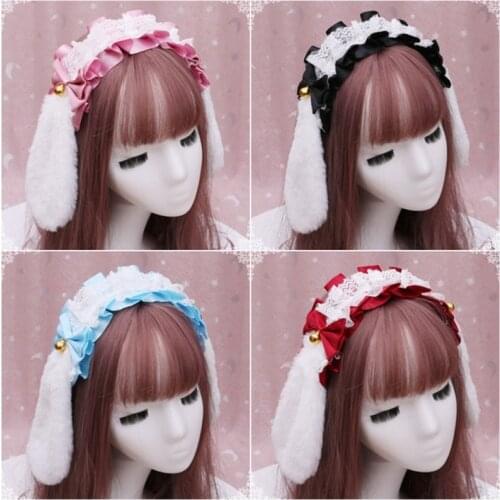 Japanese Lolita Bunny Ears Headband with Fluffy Tail Set Ruffled Lace Rabbit Bowknot Hair Hoop Cosplay Party Costume