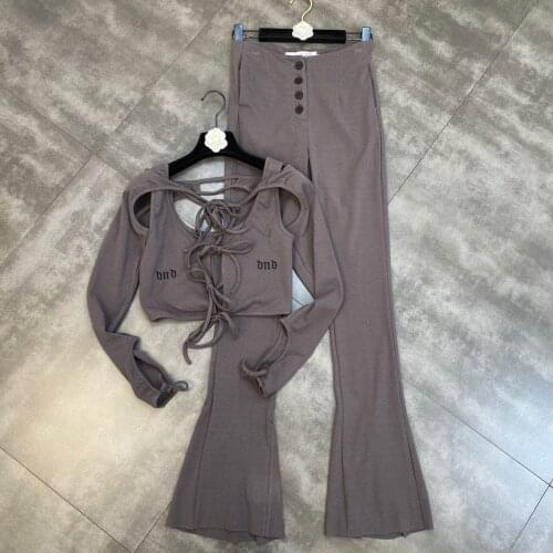 ZCSMLL 2021 spring Autumn Embroidered women sets Letters Band Vest with Blouse Buttoned High Waist Flare Pants Set Trendb