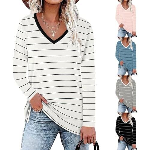 6191 Side Split T-Shirt Summer Women Fashion Casual Classic Stripe V-Neck Long Sleeve Color Contrast Loose Mid Length Office Tee