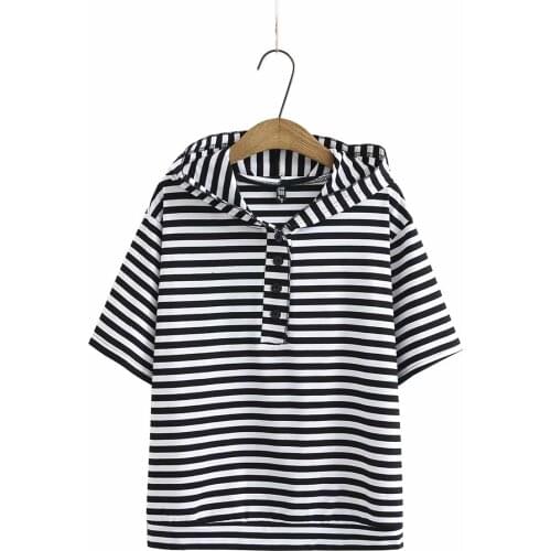Plus size button striped cotton women tshirts 2021 new summer casual hooded short sleeve ladies t shirts female tops
