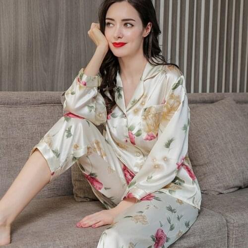 100% Pure Silk Womens Printed Pajama Set Sleepwear Nightgown M L XL 2XL XM008