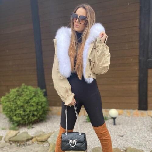 2021 Winter Real Fox Fur Collar Womens Parka Plush Hood thicker Coat Ladies Outerwear With Detachable Lamb Fur Lining