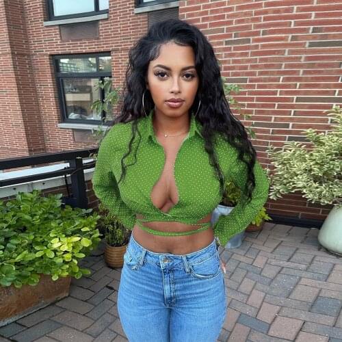 Red/green/blue Polka Dot Print Womens Shirt Chic Turn Down Collar Long Sleeve Bandage Blouse Office Lady Buttons Up Blusas New