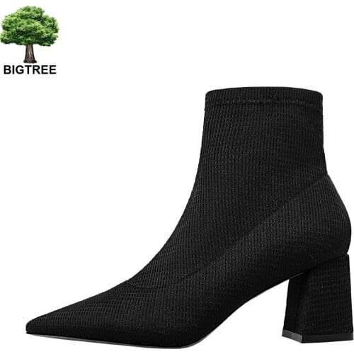 BIGTREE 2020 Winter Women Ankle Boots New Pointed Toe Square Heel Short Botas Chelsea Boots Thick High Heels Shoes Party Pumps