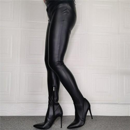 Jumpsuit Sexy Overknee Stiletto Leather Women Thigh High Crotch Pants Boots High Heel Runway Shoes Woman Plus Size 13 14 15