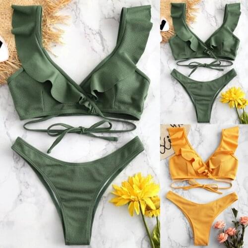 Womens Swimming Suit Sexy Women Bikini Set Ruffled Padded Swimwear High Waist Bathing Swimsuit Beachwear traje de baño mujer