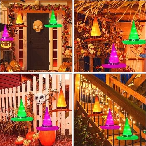 8Pcs Halloween Decorations Witch Hat Hanging Light Props Outdoor Tree Hanging Ornament Home Glow Party Decor Battery Operate D30