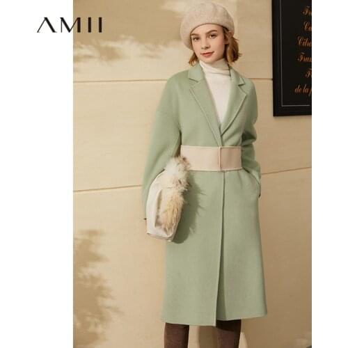 Amii Minimalism Winter New Fashion 100%wool Womens Woolen Coat Causal Lapel Solid Belt Double-sided Woolen Coat 12070471