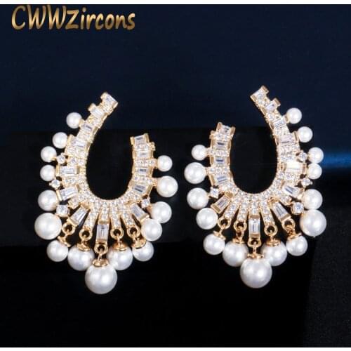 CWWZircons 585 Gold Color Big Dangling Drop Pearl Cubic Zirconia Earrings for Women Fashion Engagement Party Jewelry Gift CZ693