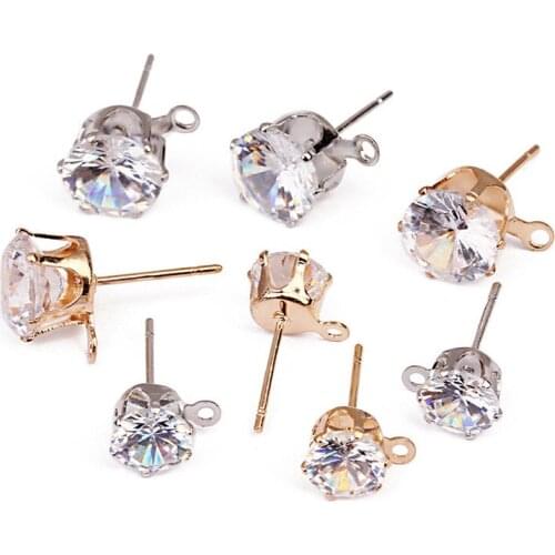 Julie Wang 50PCS 6/8mm Round Zircon Stud Earrings Copper Claw Clasp Fashion Women Crystal Earrings Jewelry Making
