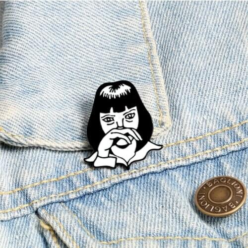 Gothic Pulp Fiction Film Character GODDAMN Girl Black White Label Pins Personal Brooches Enamel Pin Badge For Women Jewelry Gift