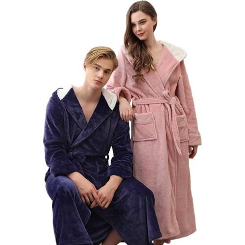 Women Plus Size Long Warm Flannel Bathrobe Men Night Sleepwear Winter Bath Robe Bridesmaid Hooded Dressing Gown Sexy Bride Robes