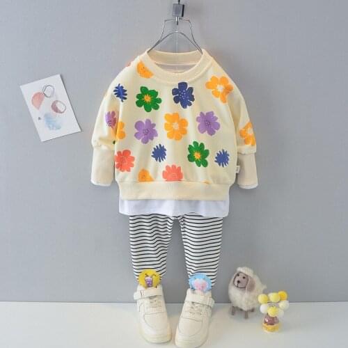 2021 Mode Herfst Winter Baby Kids Meisje Kleding Bloemen Trui + Streep Broek Meisje Sets Lange Mouw Kinderkleding Girls Outfits
