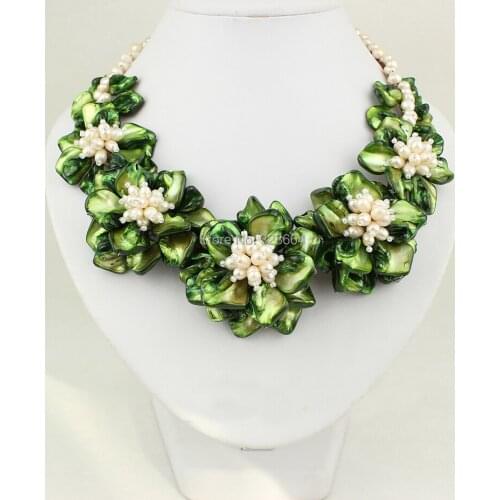 Green shell white freshwater pearl flower necklace earrings set