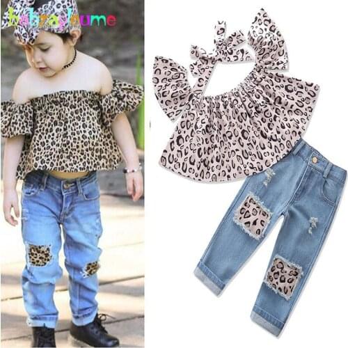 3PCS/1-6Years/Spring Summer Fashion Boutique Kids Clothing Set Leopard Children T-shirt+Jeans+Headband Baby Girls Clothes BC1646