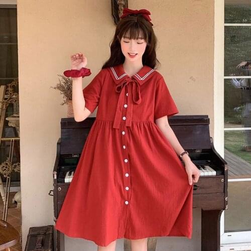 Lolita Kawaii summer new Japanese college style loose and thin navy collar lace dress Gothic Lolita dress