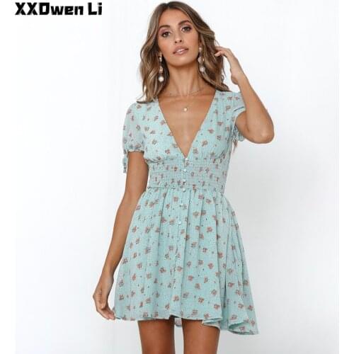 Fashion Elastic Waist Lace Up Mini Dresses For Women 2021 Summer Sexy Deep V Neck Print Button Dress Woman Beach Boho Party