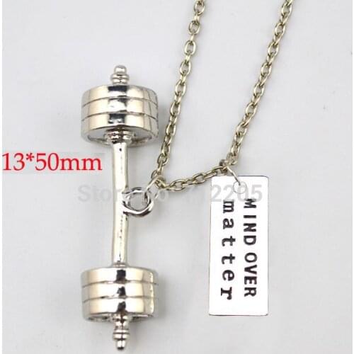 New product Fitness Weightlifting jewelry 10pcs a lot Big Dumbbell barbell with MIND OVER matter Gym sports necklace