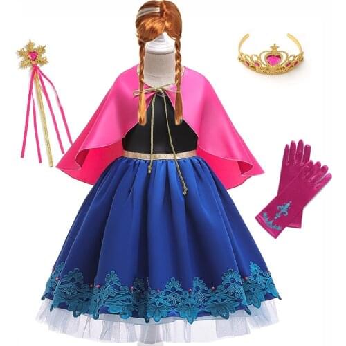 Princess Party Supplies Anna Costume with Accessories Girls Cosplay Dress up Halloween Snow Queen Ana Dress Kids Festival Frock