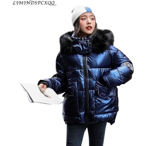Autumn Winter Womens Short Glossy Down Cotton Hooded Parkas With Big Fur Collar Casual Pearlescent Leather Thick Winter Jacket