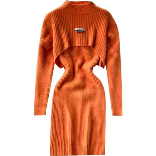 Autumn Knit Dress Suit Womens Short Hedging Casual Sweater Fashion Sexy Knitted Slim-Fit Suspender Dress Two-Piece Suit