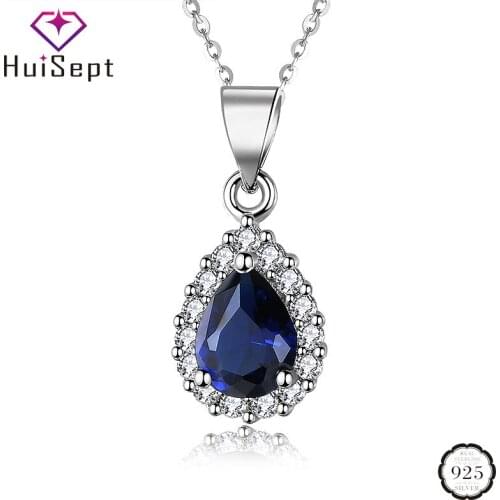 HuiSept 925 Silver Necklace Jewellery Water Drop Shaped Sapphire Zircon Gemstones Pendant Ornaments for Women Wedding Wholesales