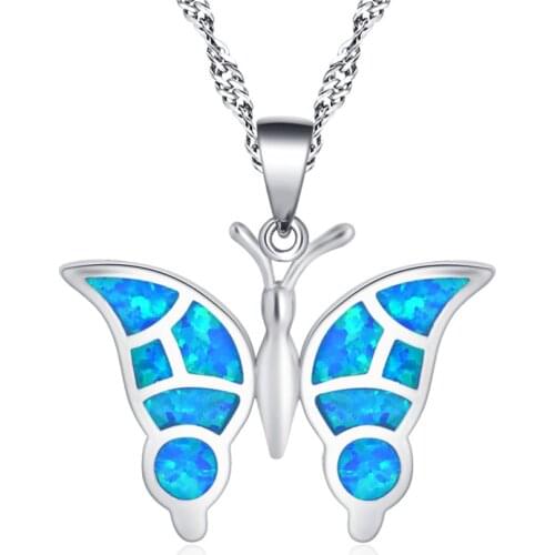 ROLILASON Blue Butterfly Shape silver color Stamped Opal Necklace Pendant Fashion Anniversary Gift OP855