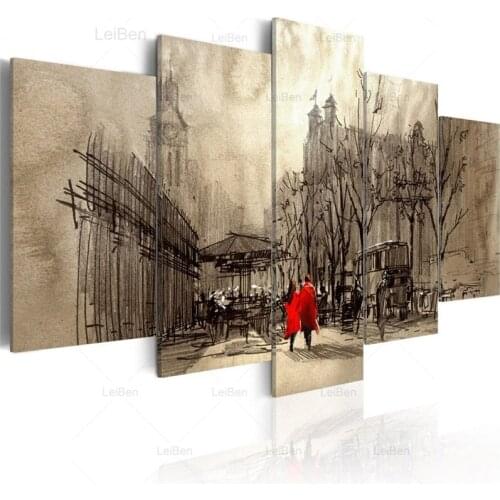 Couple Poster Canvas Art 5 Pieces Abstract Painting Avenue Modern Nostalgic Wall Art Modular Pictures Home Decor Gift for Her