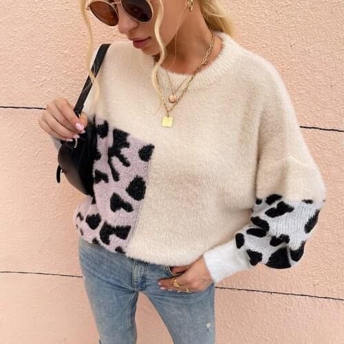 ZJZLL Autumn and Winter New Faux Mink Knitted Pullover Top European and American Contrast Color Leopard Print Sweater for Women