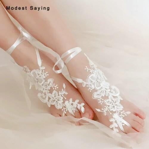 Romantic 1 Pair Ivory Lace Wedding Barefoot Sandals Bridal Dance Anklet Shoes With Hoop Toe Bridesmaid Sandbeach Foot Jewelry