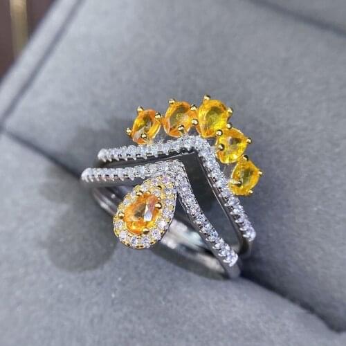 Luxury 925 Sterling Silver Pear Cut Natural Yellow Sapphire Created Moissanite Gemstone Wedding Party Crown Ring Fine Jewelry