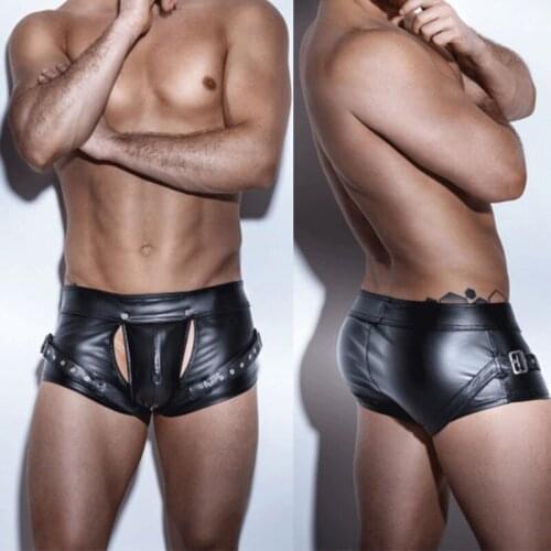 Sexy Men Punk Plus Size Trouses Wild PU Faux Leather Open Crotch Short Boxer Bandage Clubwear Jockstrap Gay Wear Erotic Lingerie