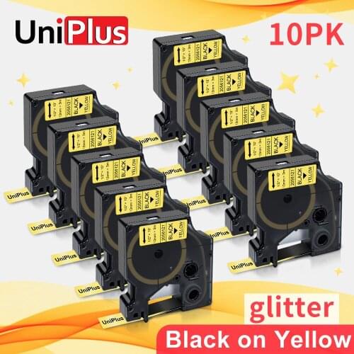 UniPlus 10PK Black on Yellow Glitter Label Tape D1 12mm Compatible Dymo Labeller Typewriter Flash Shiny Ribbon for Dymo Machine
