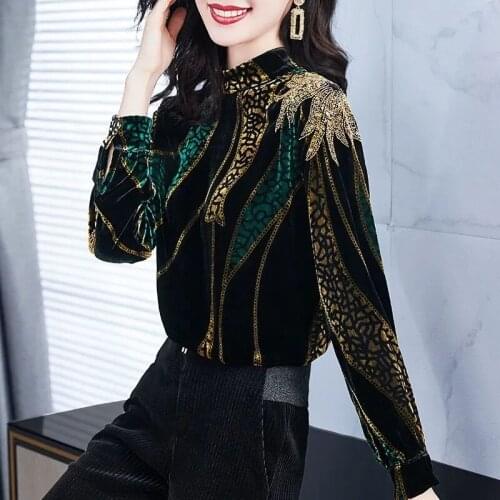 Vintage Print Sequins Velvet Tops Women Autumn 2021 New High Quality Stand Collar Chic Blouse Fashion Design Long Sleeve Shirts