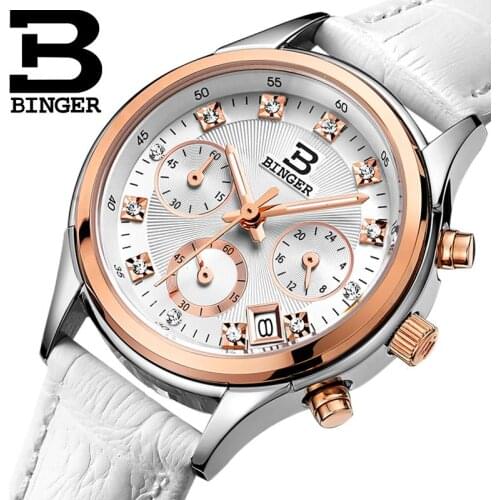 Binger Womens watches Switzerland luxury quartz waterproof Women clock genuine leather strap Chronograph Wristwatches BG6019-W6