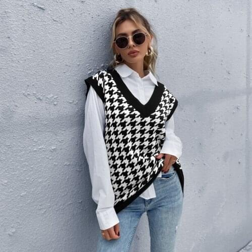 2021 Autumn New Harajuku Casual Knitted Vest Womens Pullover Vest Vintage Fashion Black Houndstooth V-Neck Sweater Female Vest