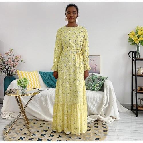 Abaya Dubai American Clothing Muslim Fashion Caftan Dress Little flowers with abayas for women has a waist tie