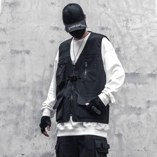 Multi Pockets Techwear Vests Tactical Functional Waistcoat Streetwear Hip Hop Cargo Vest Zipper Sleeveless Jacket Men Outwear