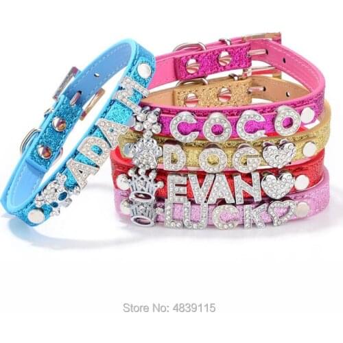 10pcs/lot Glittered PU Leather Pet Dog Collars with Slide Bar Suitable for 10mm Letters&Charms