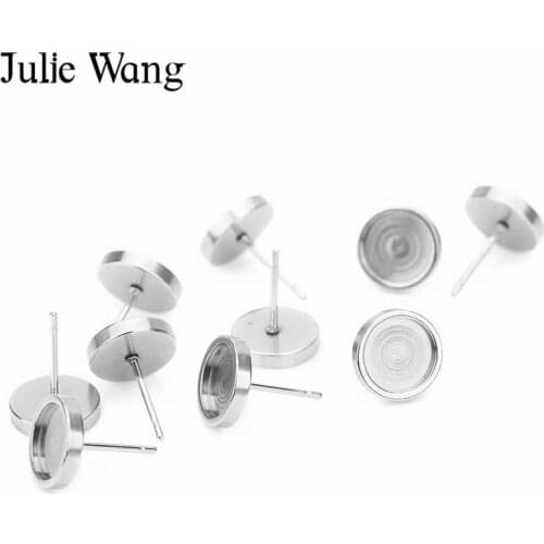 Julie Wang 20PCS 6/8/10/12mm Stud Earring Cabochon Settings Base Stainless Steel Earring Post Cup Jewelry Making Accessory