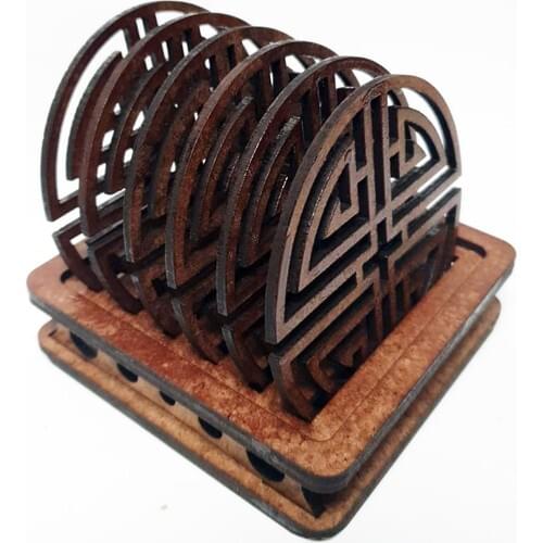 Wooden Maze Cup Coaster 6'lı Set Handmade Natural Wood Decorative Coaster