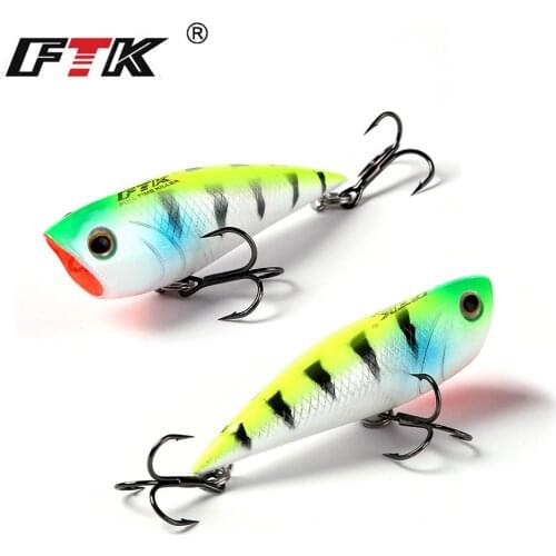 FTK Popper Fishing bass Lure 70mm 6# high carbon steel Treble hook 3D Lifelike Eyes Crankbait Wobblers Tackle Floating Topwater